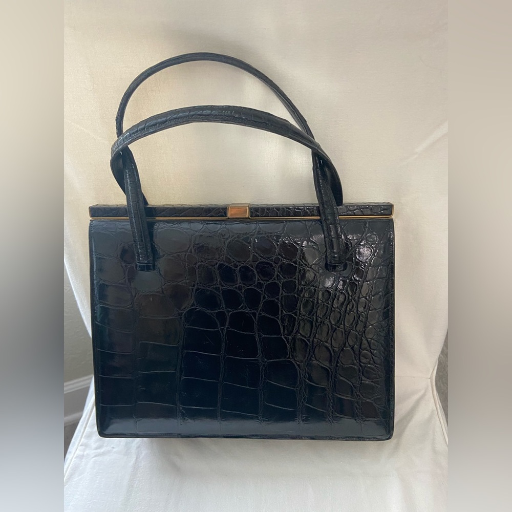 Vintage Deauville Black Crocodile Skin Leather Handbag With Two Handles
